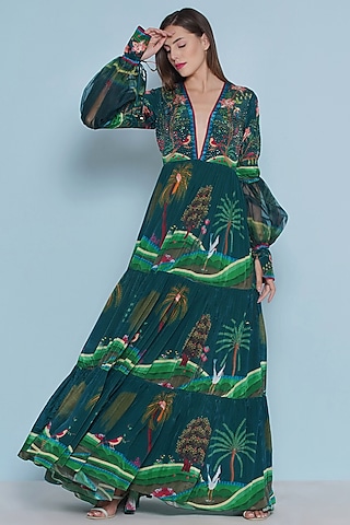 Multi-Colored Crepe Printed Tiered Maxi Dress by Limerick By Abirr N' Nanki