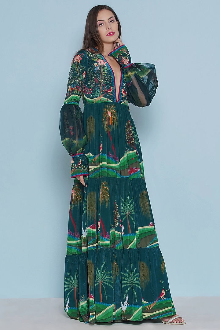 Multi-Colored Crepe Printed Tiered Maxi Vacation Dress by Limerick By Abirr N' Nanki at Pernia's Pop Up Shop