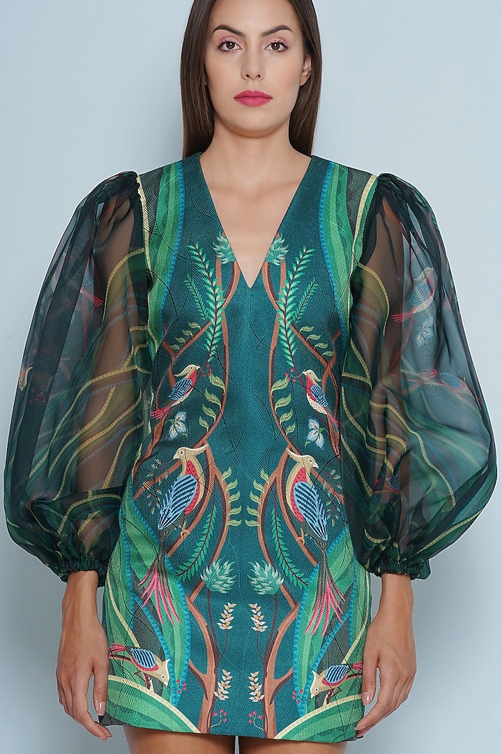 Multi-Colored Scalloped Textured Satin & Organza Chintz Printed Mini Vacation Dress by Limerick By Abirr N' Nanki at Pernia's Pop Up Shop