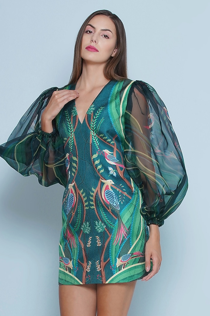 Multi-Colored Scalloped Textured Satin & Organza Chintz Printed Mini Vacation Dress by Limerick By Abirr N' Nanki at Pernia's Pop Up Shop
