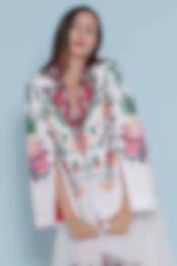 White Scallop Textured Satin Chintz Printed Jacket by Limerick By Abirr N' Nanki at Pernia's Pop Up Shop