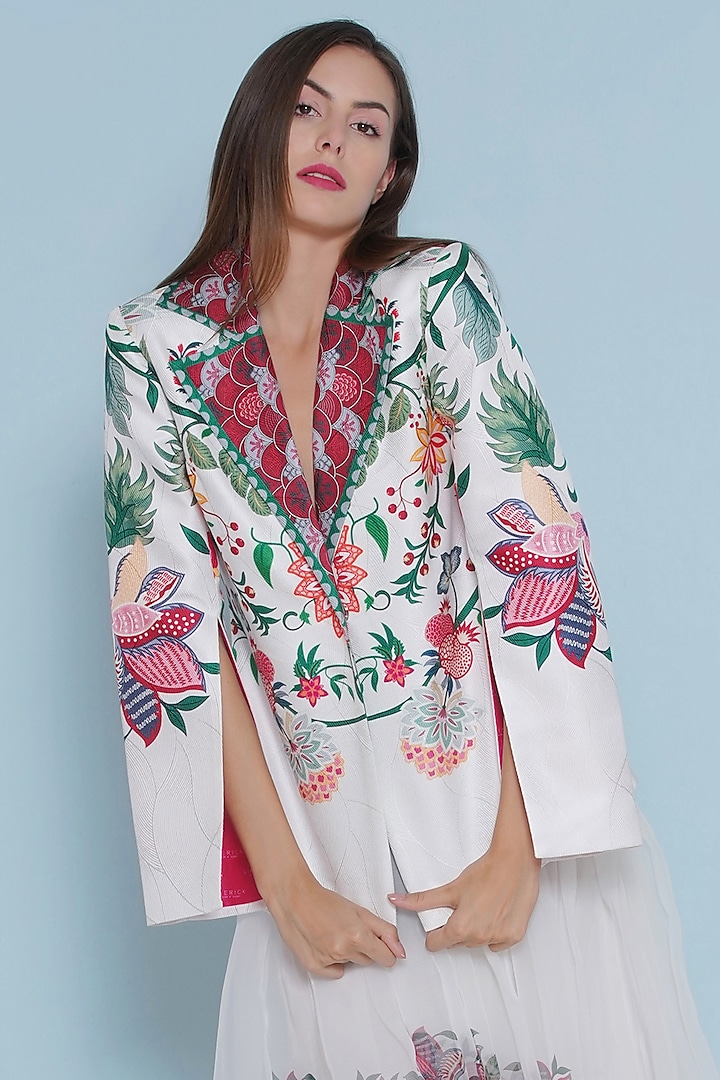White Scallop Textured Satin Chintz Printed Jacket by Limerick By Abirr N' Nanki at Pernia's Pop Up Shop