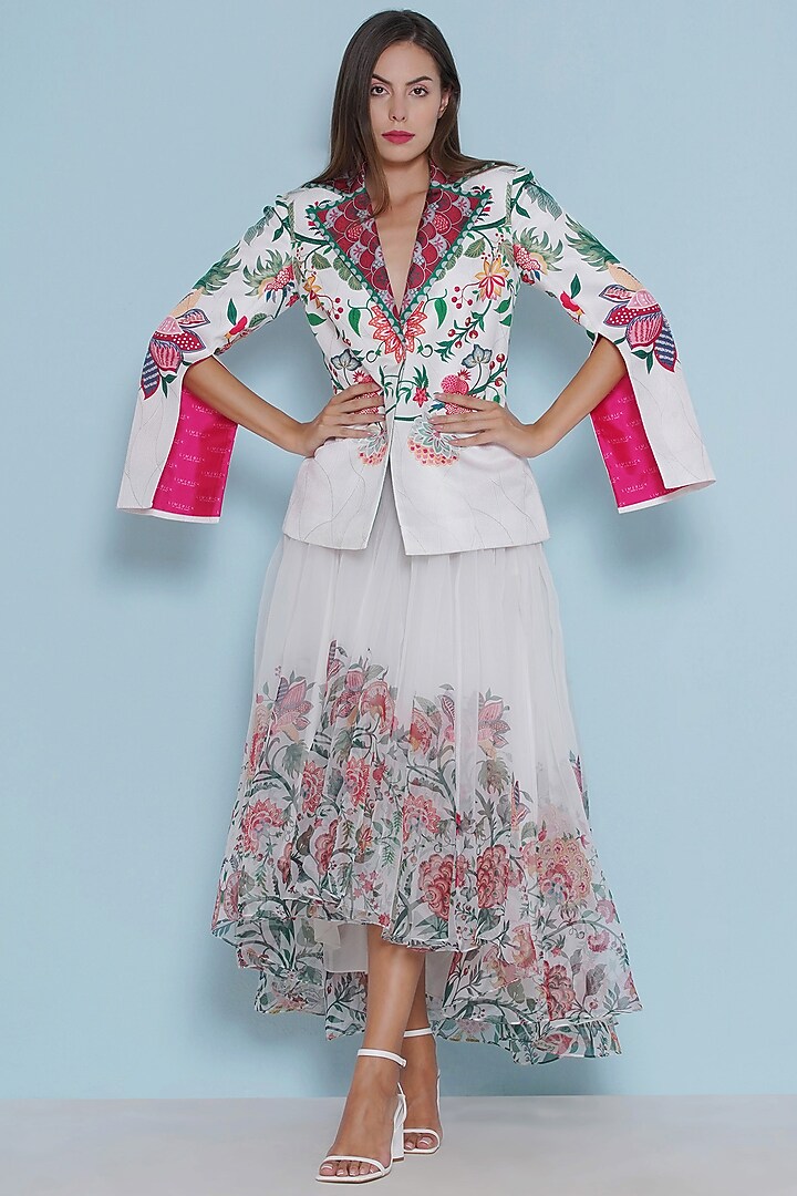 White Scallop Textured Satin Chintz Printed Jacket by Limerick By Abirr N' Nanki at Pernia's Pop Up Shop