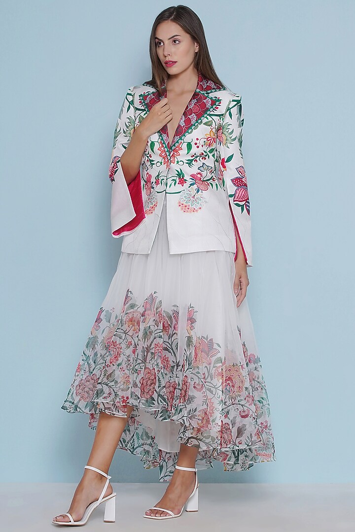 White Tulle Chintz Printed Asymmetric Skirt by Limerick By Abirr N' Nanki at Pernia's Pop Up Shop