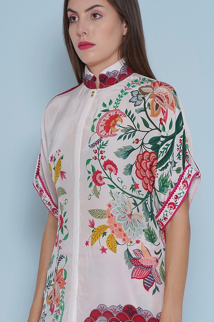 White Crepe Chintz Printed & Embroidered Shirt by Limerick By Abirr N' Nanki at Pernia's Pop Up Shop