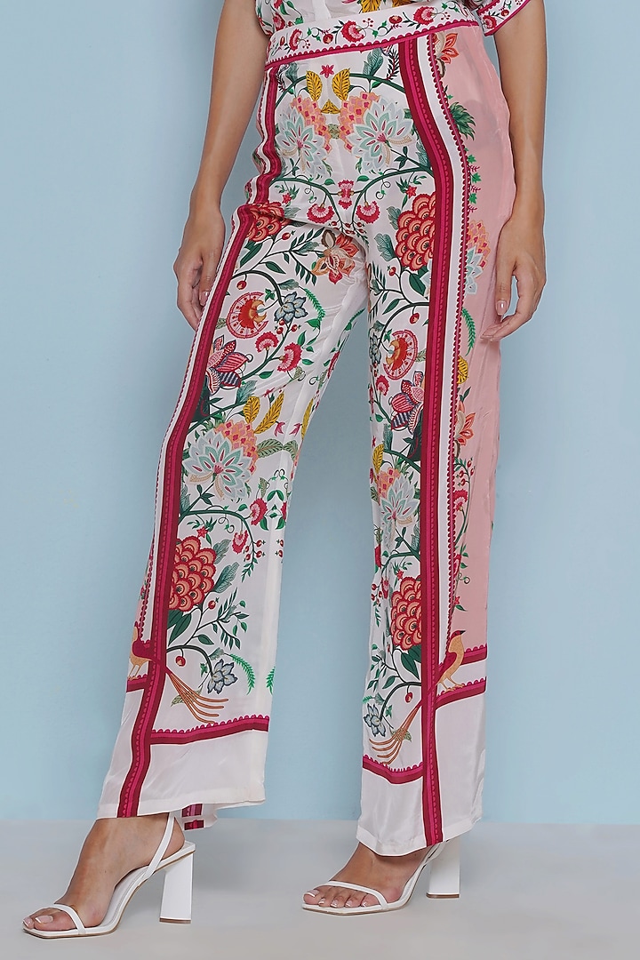 White Crepe Placement Printed Straight Pants by Limerick By Abirr N' Nanki