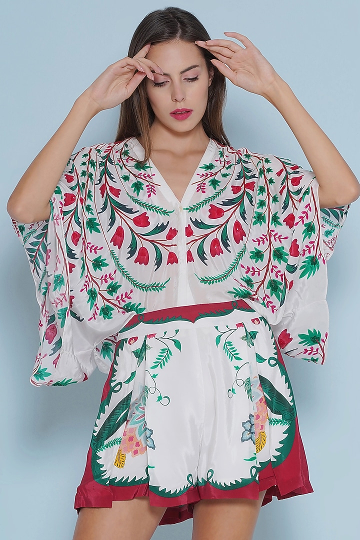 White Crepe Chintz Printed & Embroidered Kaftan Shirt by Limerick By Abirr N' Nanki at Pernia's Pop Up Shop
