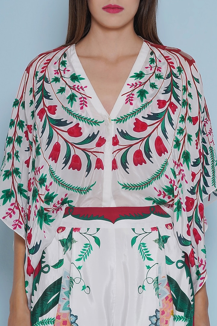 White Crepe Chintz Printed & Embroidered Kaftan Shirt by Limerick By Abirr N' Nanki at Pernia's Pop Up Shop