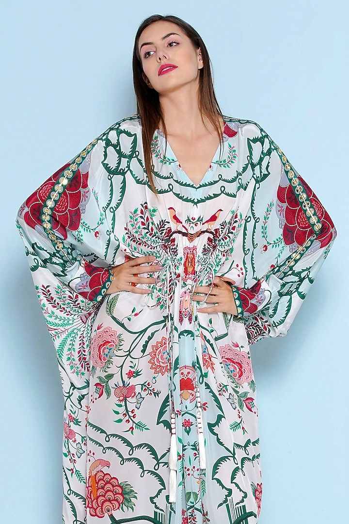 Multi-Colored Luxe Crepe Printed & Embroidered Kaftan by Limerick By Abirr N' Nanki at Pernia's Pop Up Shop