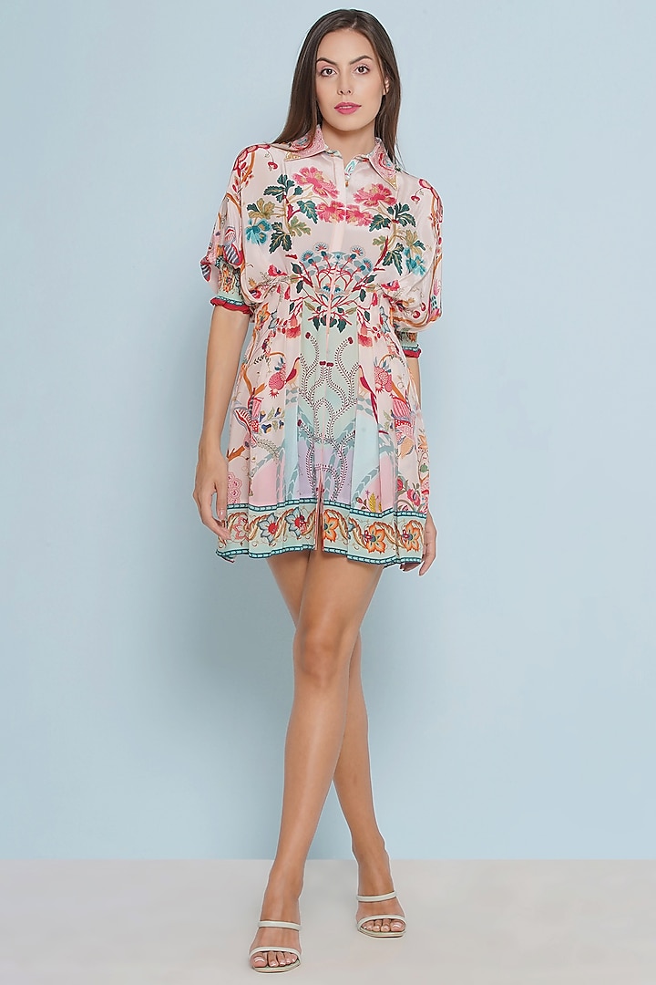 Multi-Colored Crepe Chintz Printed & Embroidered Mini Dress by Limerick By Abirr N' Nanki