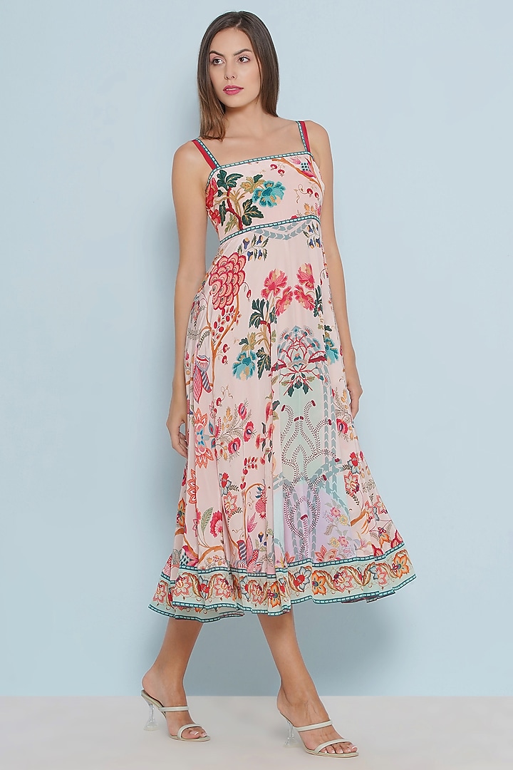 Multi-Colored Crepe Printed & Embroidered Midi Dress by Limerick By Abirr N' Nanki at Pernia's Pop Up Shop
