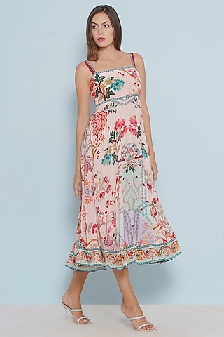 Multi-Colored Crepe Printed & Embroidered Midi Dress by Limerick By Abirr N' Nanki