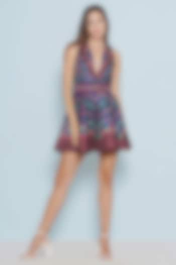 Navy Blue Scallop Textured Satin Chintz Printed Mini Vacation Dress by Limerick By Abirr N' Nanki at Pernia's Pop Up Shop