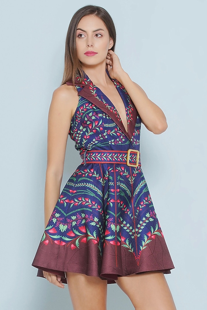 Navy Blue Scallop Textured Satin Chintz Printed Mini Vacation Dress by Limerick By Abirr N' Nanki at Pernia's Pop Up Shop