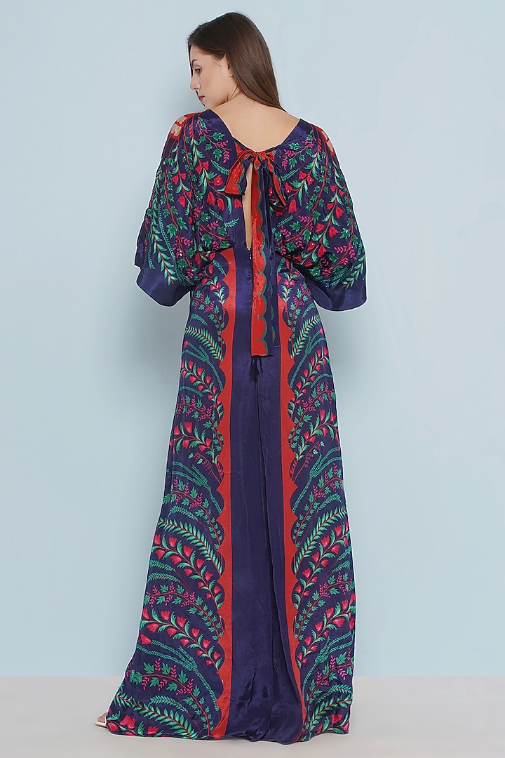 Navy Blue Crepe Placement Printed & Embroidered Jumpsuit by Limerick By Abirr N' Nanki at Pernia's Pop Up Shop