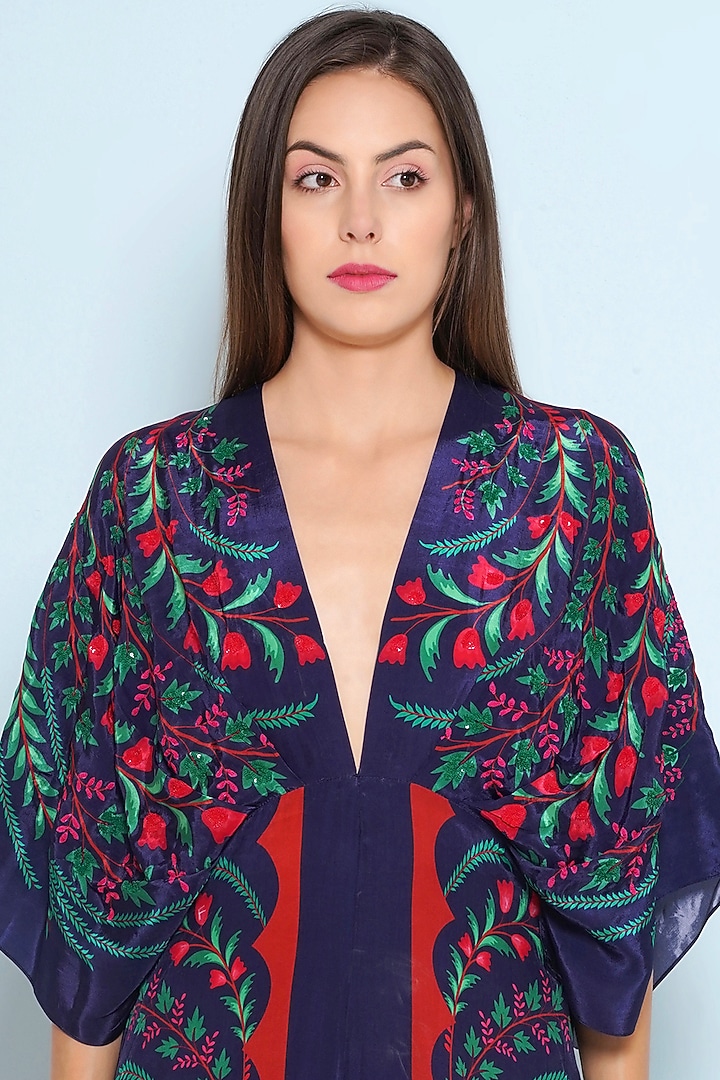 Navy Blue Crepe Placement Printed & Embroidered Jumpsuit by Limerick By Abirr N' Nanki at Pernia's Pop Up Shop