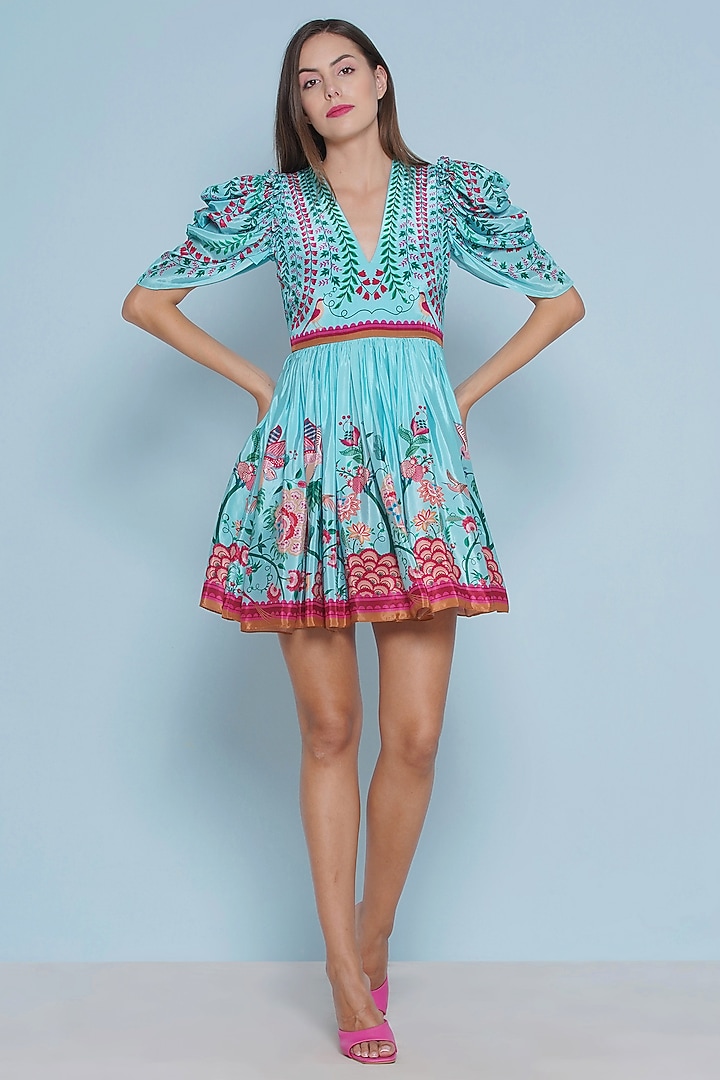 Blue Crepe Chintz Printed Gathered Mini Vacation Dress by Limerick By Abirr N' Nanki at Pernia's Pop Up Shop