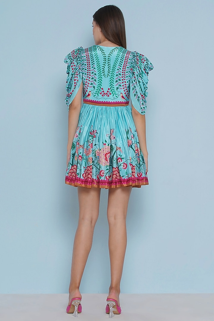 Blue Crepe Chintz Printed Gathered Mini Vacation Dress by Limerick By Abirr N' Nanki at Pernia's Pop Up Shop