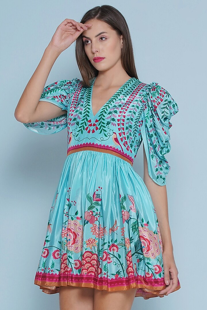 Blue Crepe Chintz Printed Gathered Mini Vacation Dress by Limerick By Abirr N' Nanki at Pernia's Pop Up Shop