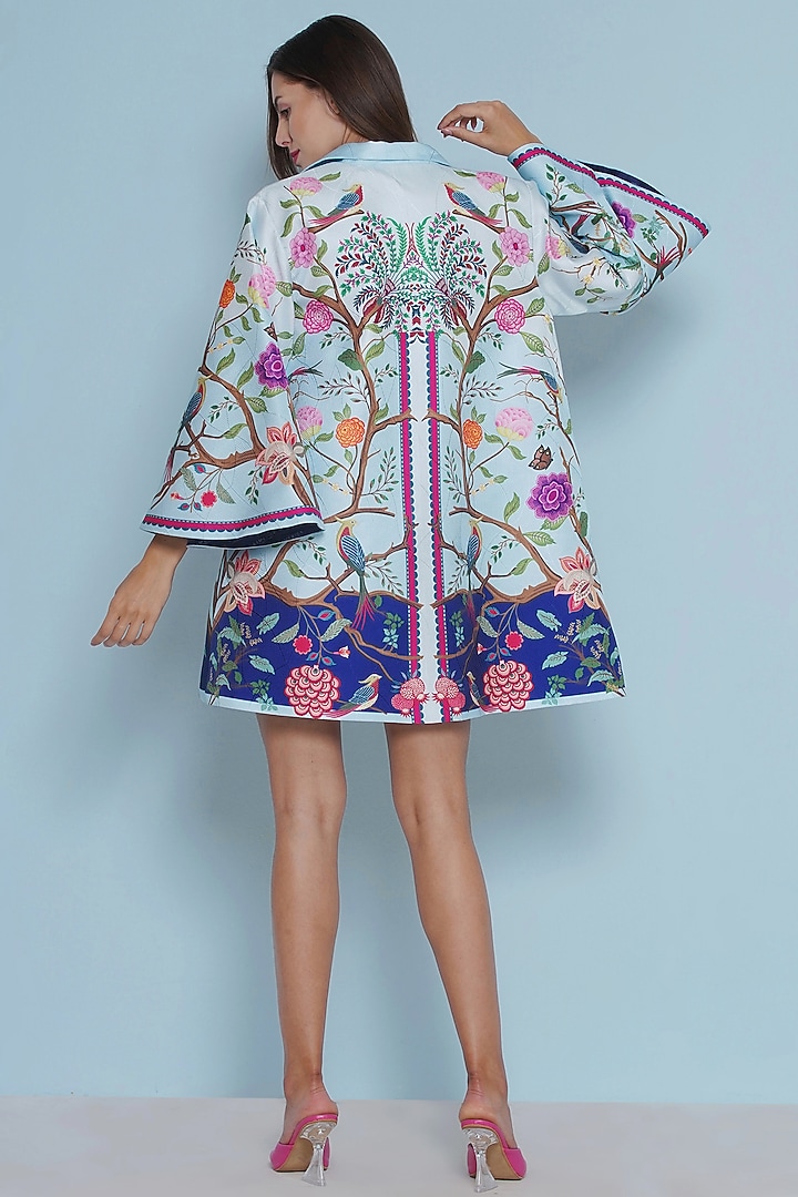 Blue Scallop Textured Satin Chintz Printed & Embroidered Jacket by Limerick By Abirr N' Nanki at Pernia's Pop Up Shop