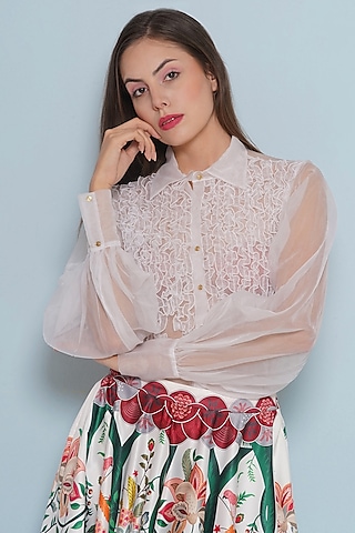 Ivory Organza Ruched Shirt by Limerick By Abirr N' Nanki