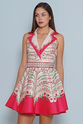 White Scallop Textured Satin Printed Flared Mini Dress by Limerick By Abirr N' Nanki
