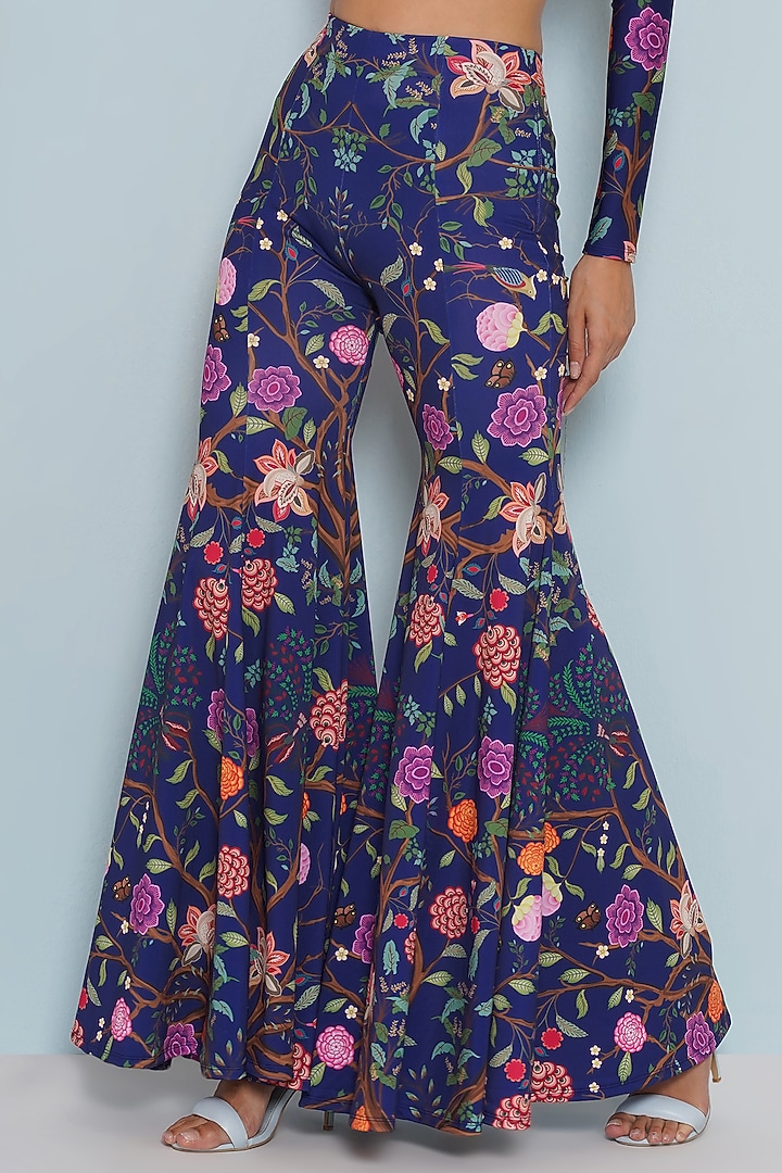 Blue Polyester & Spandex Chintz Printed Flared Pants by Limerick By Abirr N' Nanki at Pernia's Pop Up Shop