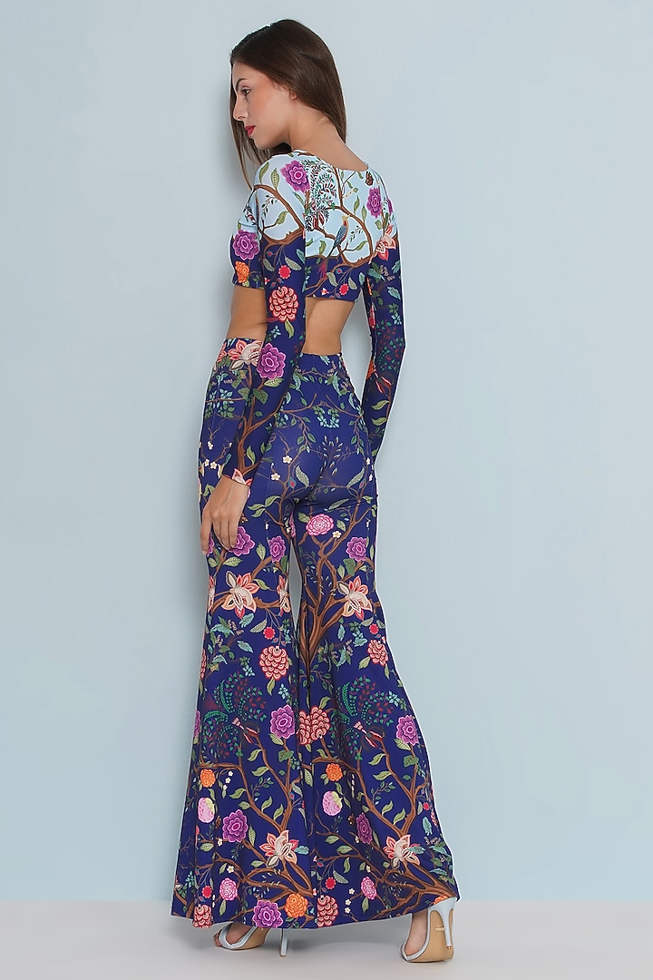 Blue Polyester & Spandex Chintz Printed Flared Pants by Limerick By Abirr N' Nanki at Pernia's Pop Up Shop