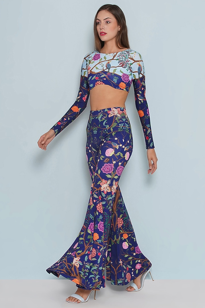 Blue Polyester & Spandex Chintz Printed Flared Pants by Limerick By Abirr N' Nanki at Pernia's Pop Up Shop