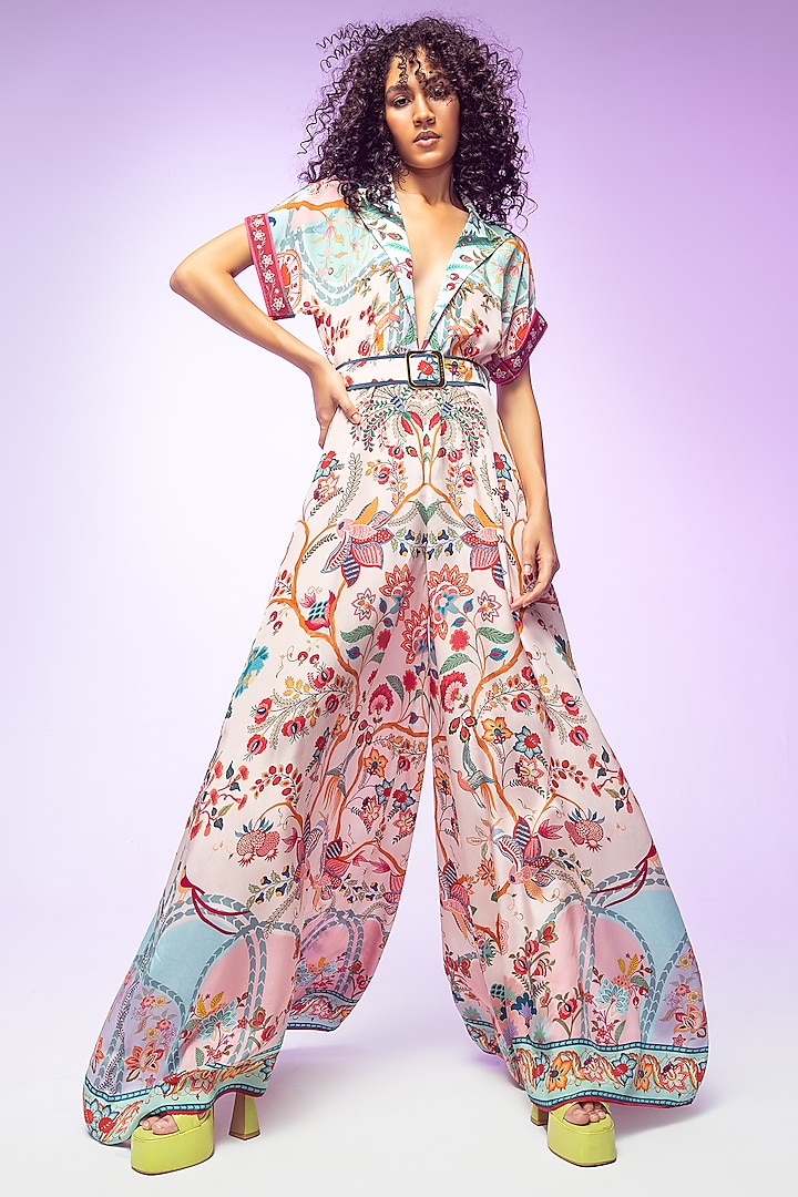 Multi-Colored Crepe Printed & Hand Embroidered Flared Jumpsuit by Limerick By Abirr N' Nanki