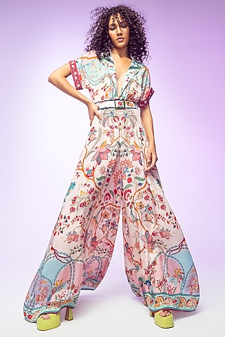 Multi-Colored Crepe Printed & Hand Embroidered Flared Jumpsuit by Limerick By Abirr N' Nanki