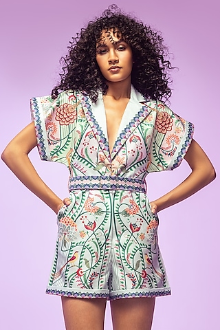 Multi-Colored Scallop Textured Satin Printed Playsuit by Limerick By Abirr N' Nanki