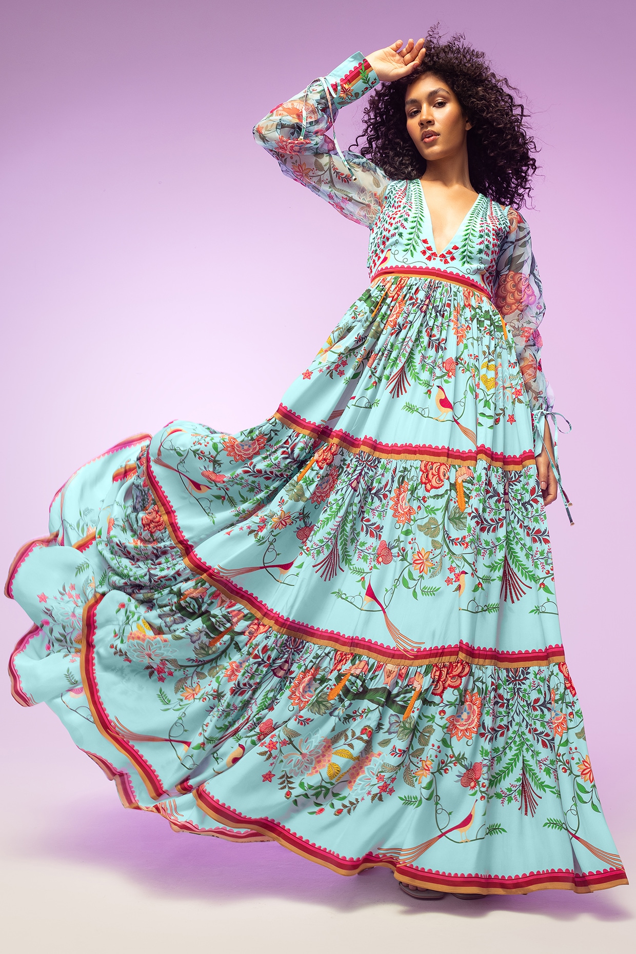 Multi-Colored Crepe & Organza Printed & Embroidered Maxi