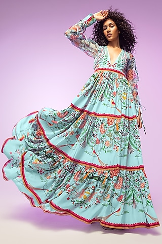 Multi-Colored Crepe & Organza Printed & Embroidered Maxi Dress by Limerick By Abirr N' Nanki