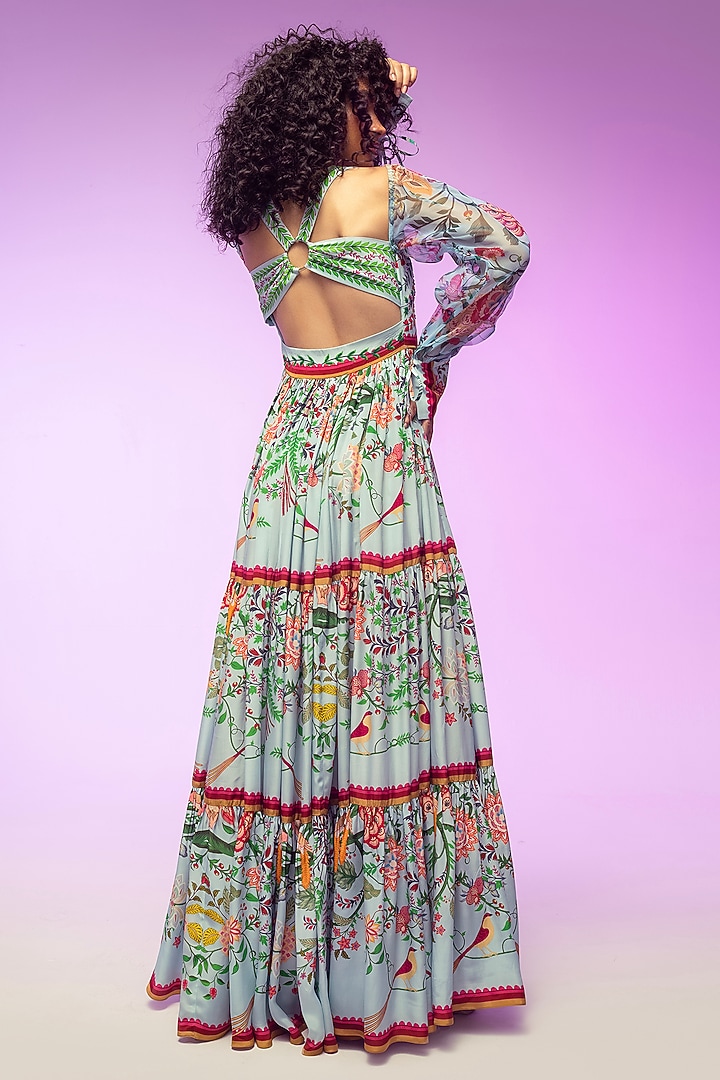 Multi-Colored Crepe & Organza Printed & Embroidered Maxi Cocktail Dress by Limerick By Abirr N' Nanki at Pernia's Pop Up Shop