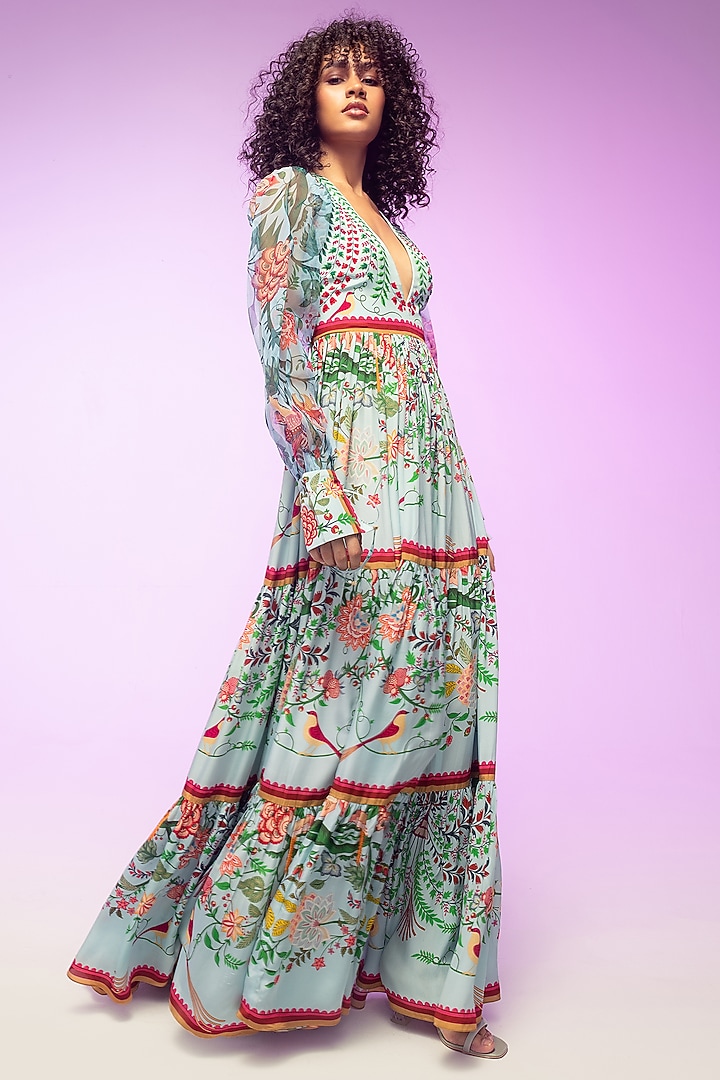 Multi-Colored Crepe & Organza Printed & Embroidered Maxi Cocktail Dress by Limerick By Abirr N' Nanki at Pernia's Pop Up Shop