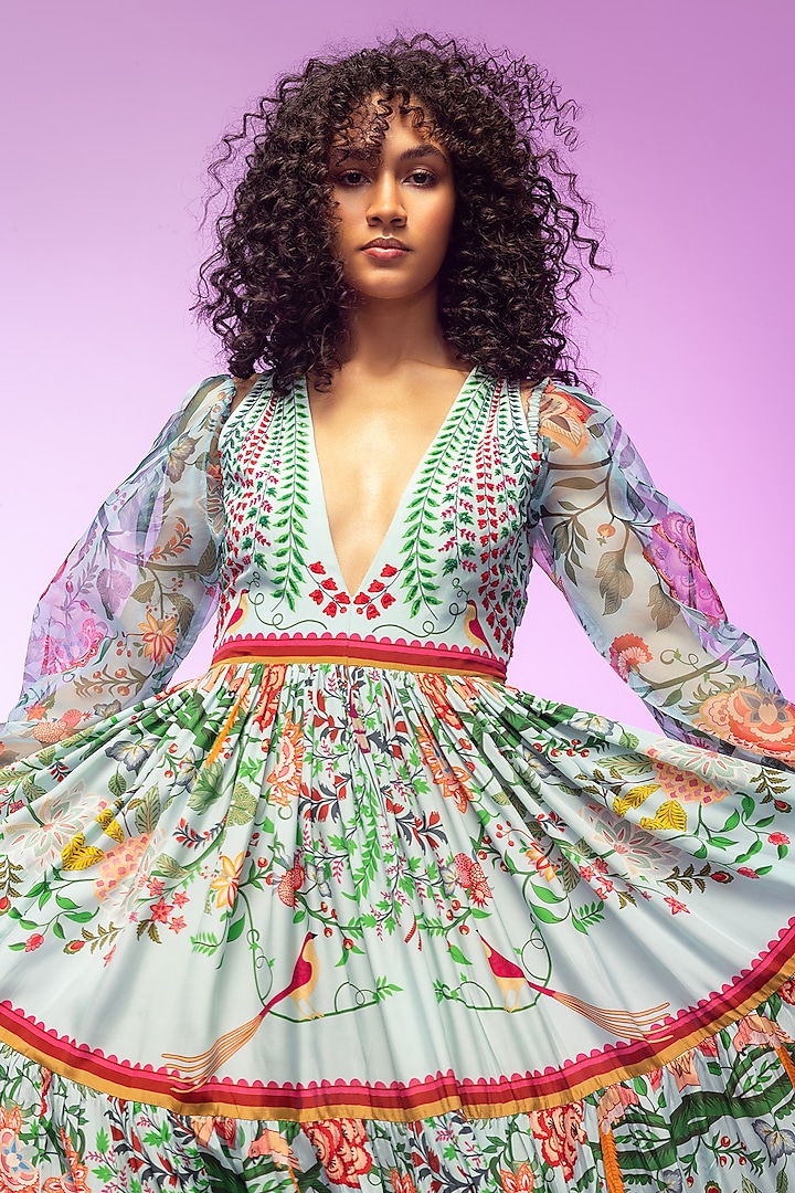 Multi-Colored Crepe & Organza Printed & Embroidered Maxi Cocktail Dress by Limerick By Abirr N' Nanki at Pernia's Pop Up Shop