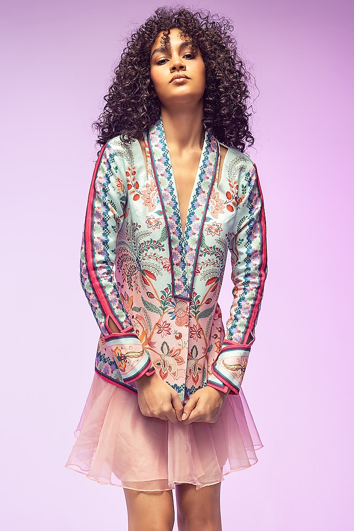Multi-Colored Scallop Textured Satin Printed & Embroidered Jacket by Limerick By Abirr N' Nanki