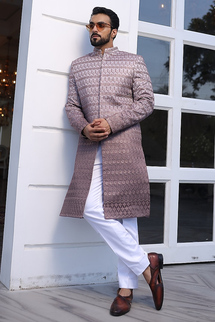 Mauve Ombre Pure Silk Thread Embroidered Sherwani Set by Label Mukund Taneja