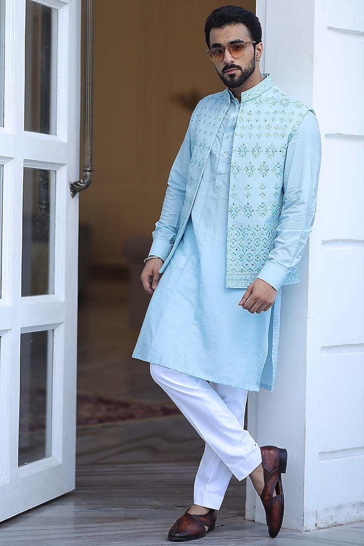 Sky Blue Cotton Silk Mirror Embroidered Indo-Western Set by Label Mukund Taneja at Pernia's Pop Up Shop