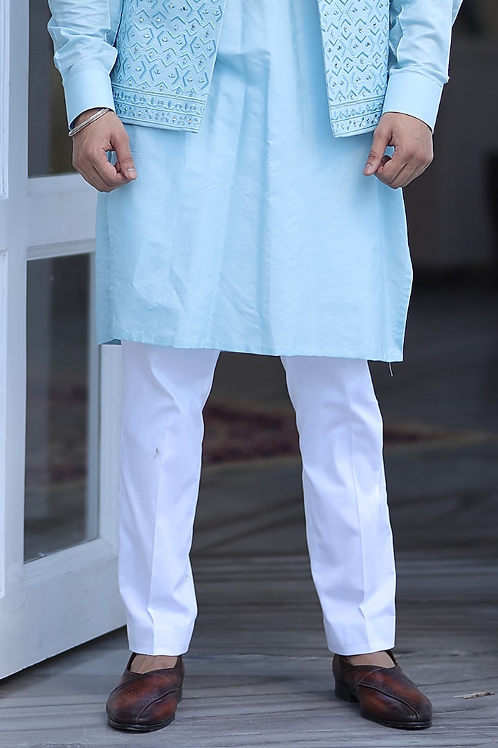 Sky Blue Cotton Silk Mirror Embroidered Indo-Western Set by Label Mukund Taneja at Pernia's Pop Up Shop