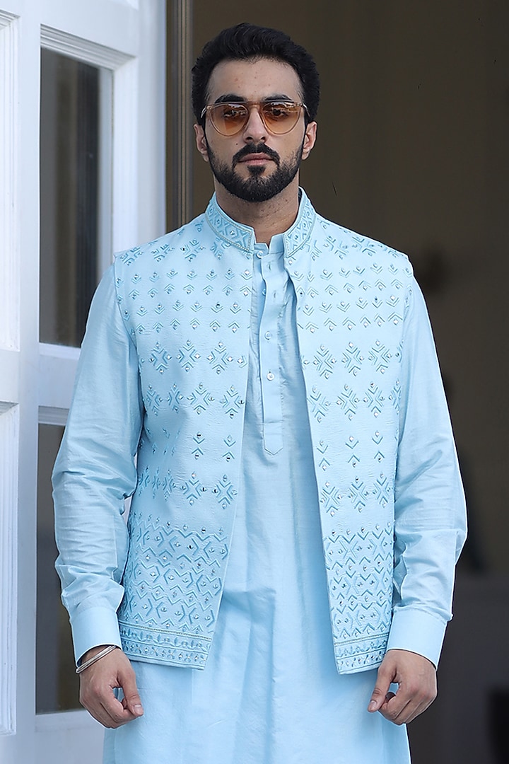Sky Blue Cotton Silk Mirror Embroidered Indo-Western Set by Label Mukund Taneja at Pernia's Pop Up Shop