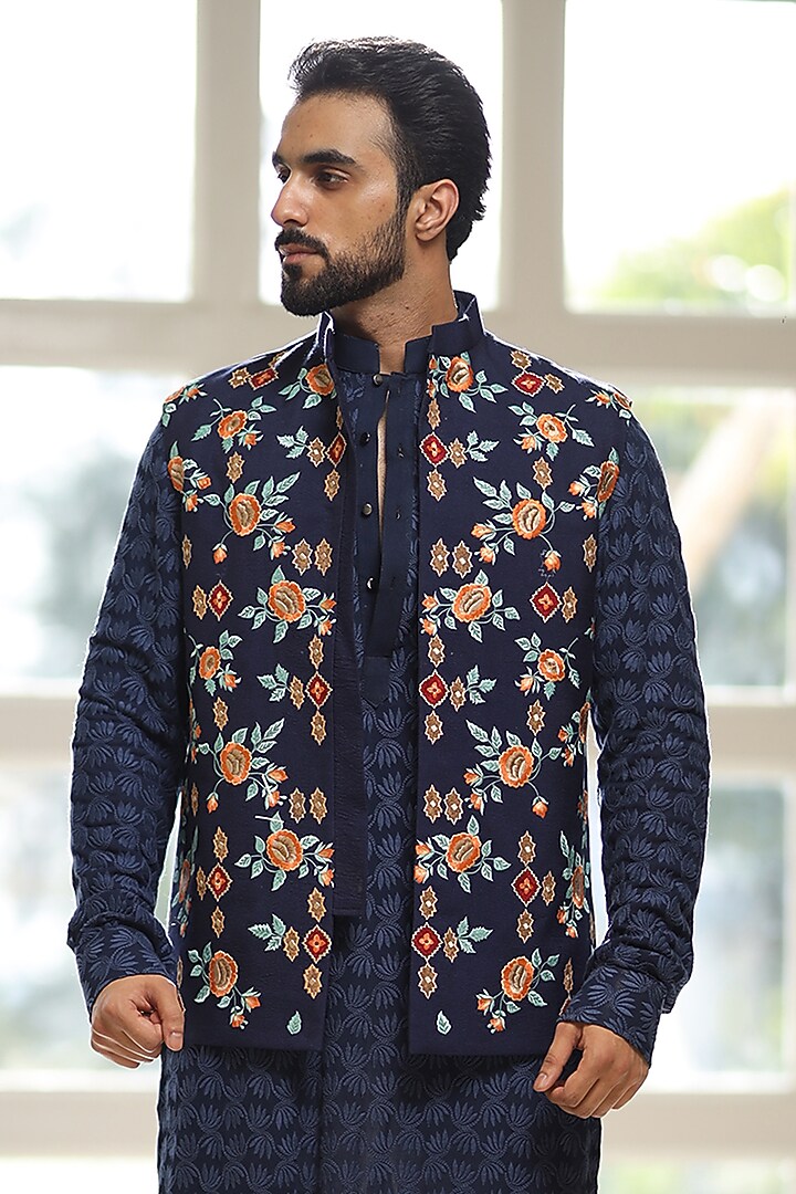 Navy Blue Georgette Thread Embroidered Nehru Jacket Set by Label Mukund Taneja at Pernia's Pop Up Shop