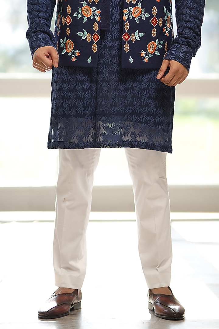 Navy Blue Georgette Thread Embroidered Nehru Jacket Set by Label Mukund Taneja at Pernia's Pop Up Shop