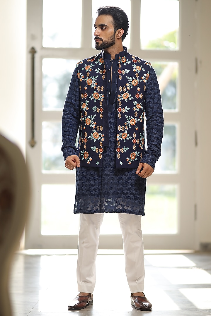 Navy Blue Georgette Thread Embroidered Nehru Jacket Set by Label Mukund Taneja at Pernia's Pop Up Shop