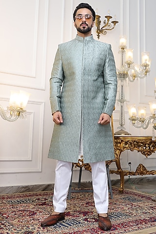 Pastel Green Pure Silk Thread Embroidered Sherwani Set by Label Mukund Taneja