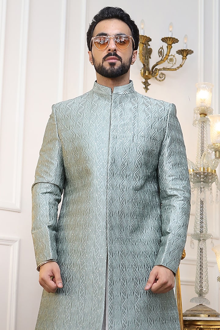 Pastel Green Pure Silk Thread Embroidered Wedding Sherwani Set by Label Mukund Taneja at Pernia's Pop Up Shop