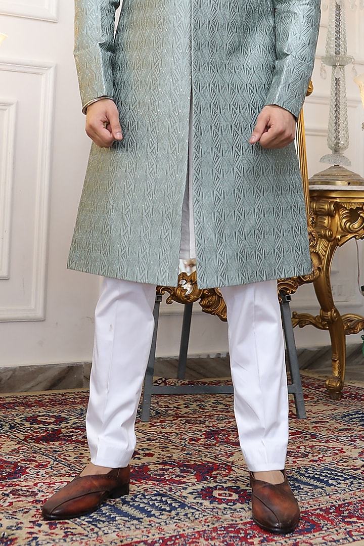 Pastel Green Pure Silk Thread Embroidered Wedding Sherwani Set by Label Mukund Taneja at Pernia's Pop Up Shop