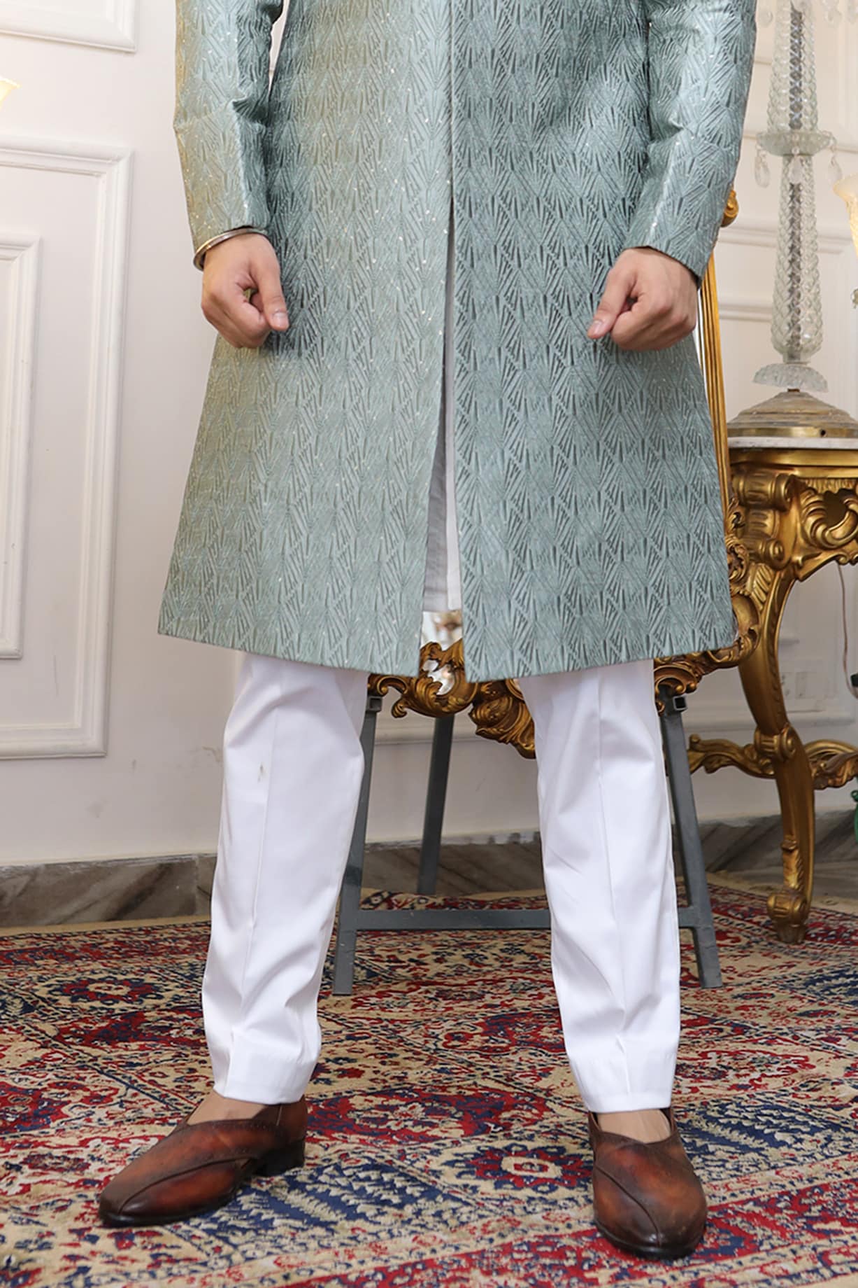 Pastel Green Pure Silk Thread Embroidered Wedding Sherwani Set by Label  Mukund Taneja at Pernia's Pop Up Shop