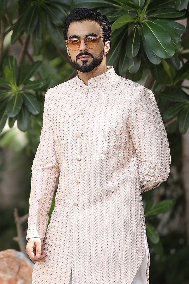 Cream Georgette Thread Embroidered Indo-Western Set by Label Mukund Taneja at Pernia's Pop Up Shop